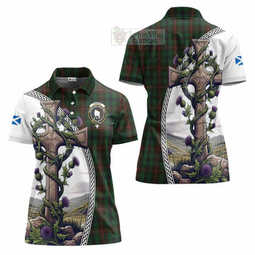 Tennant Tartan Women's Polo Shirt with Family Crest and St. Andrew's Cross Accented by Thistle Vines