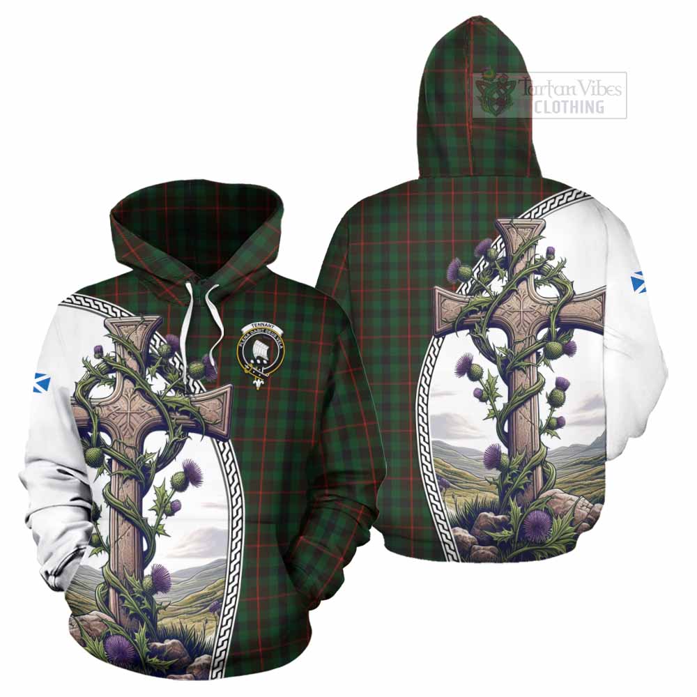 Tartan Vibes Clothing Tennant Tartan Hoodie with Family Crest and St. Andrew's Cross Accented by Thistle Vines