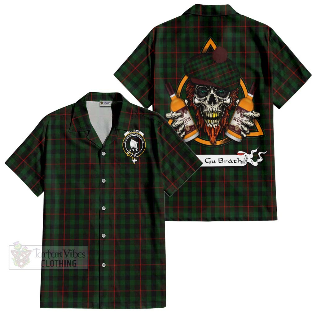 Tartan Vibes Clothing Tennant Tartan Short Sleeve Button Shirt with Family Crest and Bearded Skull Holding Bottles of Whiskey