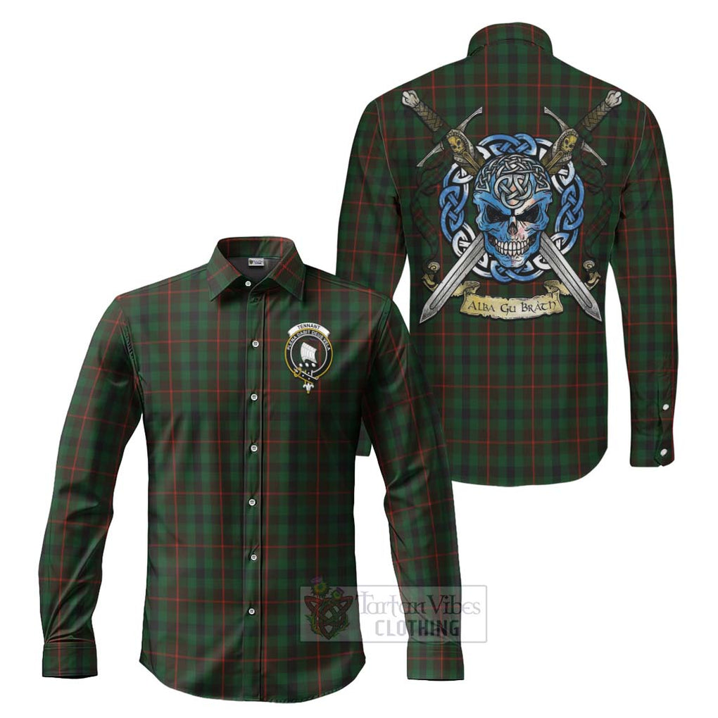 Tartan Vibes Clothing Tennant Tartan Long Sleeve Button Shirt with Family Crest Celtic Skull Style