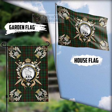 Tennant Tartan Flag with Family Crest and Golden Thistle Crossed Sword Design