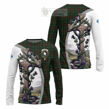 Tennant Tartan Long Sleeve T-Shirt with Family Crest and St. Andrew's Cross Accented by Thistle Vines