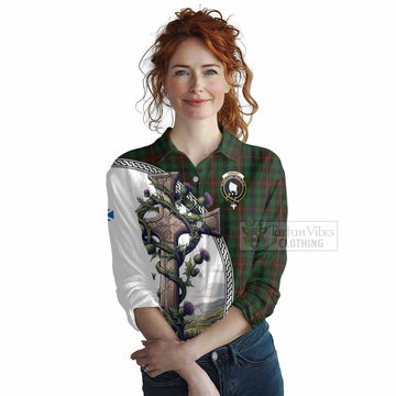 Tennant Tartan Women's Casual Shirt with Family Crest and St. Andrew's Cross Accented by Thistle Vines