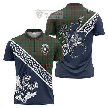 Tennant Tartan Zipper Polo Shirt Featuring Thistle and Scotland Map Unisex - Tartanvibesclothing Store