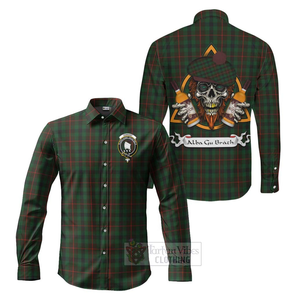 Tartan Vibes Clothing Tennant Tartan Long Sleeve Button Shirt with Family Crest and Bearded Skull Holding Bottles of Whiskey