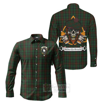 Tennant Tartan Long Sleeve Button Shirt with Family Crest and Bearded Skull Holding Bottles of Whiskey