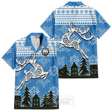 Tennant Clan Christmas Short Sleeve Button Shirt Celtic Reindeer Style