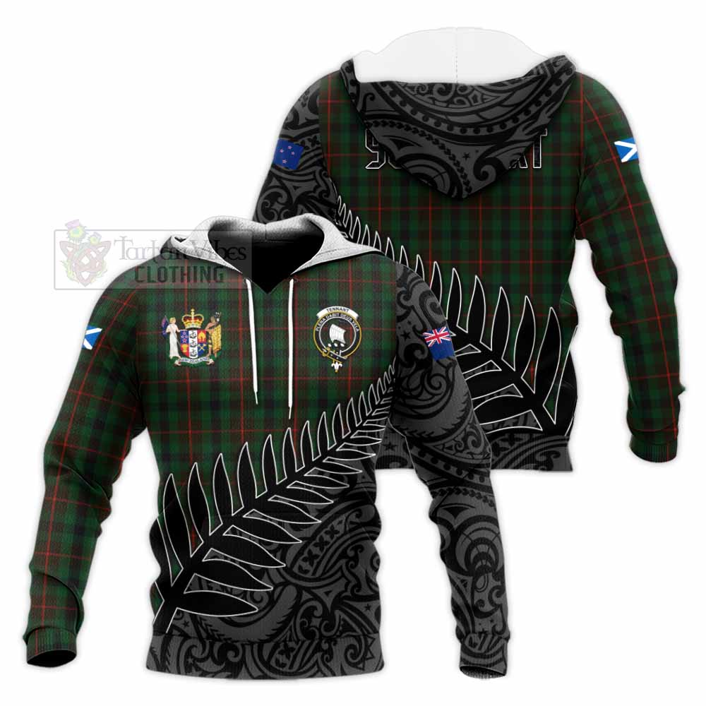 Tartan Vibes Clothing Tennant Crest Tartan Knitted Hoodie with New Zealand Silver Fern Half Style