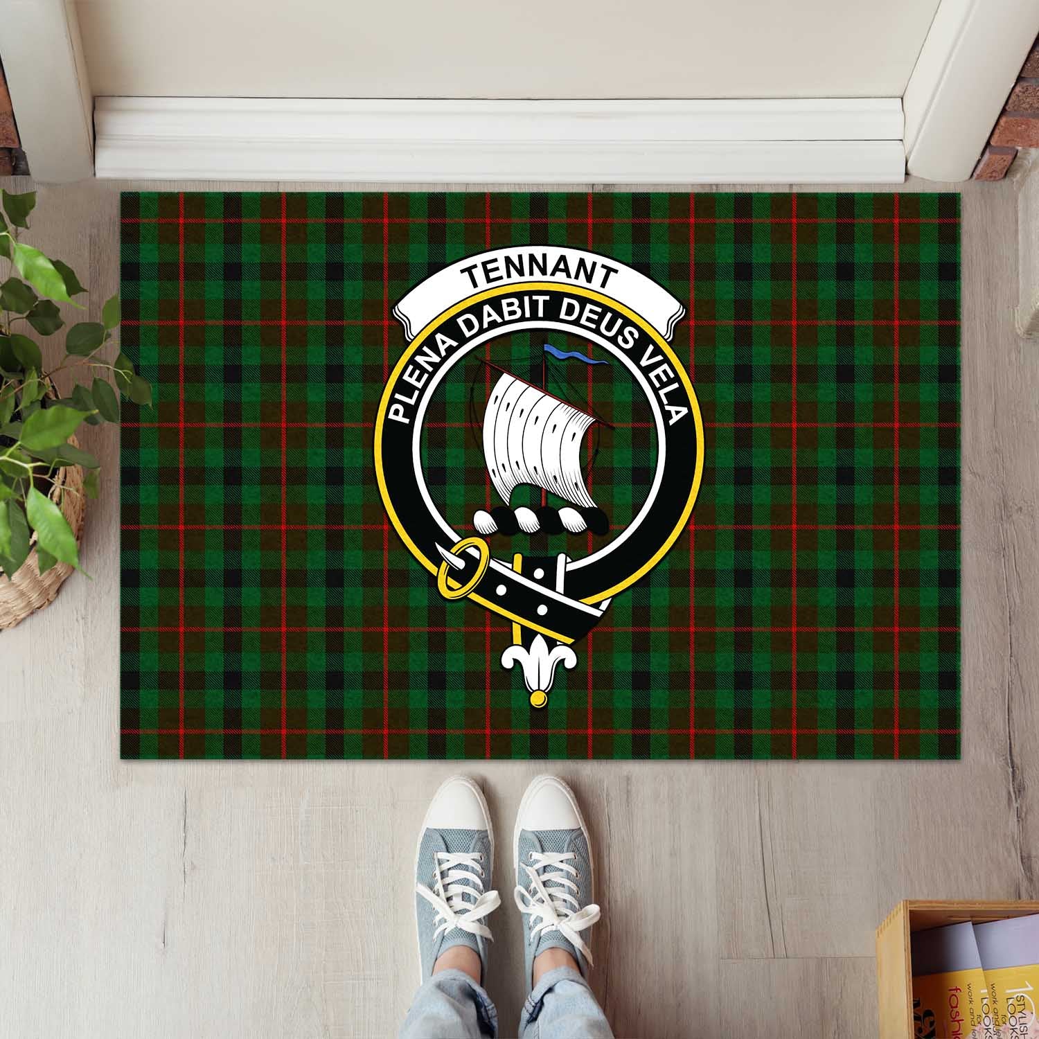 Tennant Tartan Door Mat with Family Crest - Tartanvibesclothing Shop