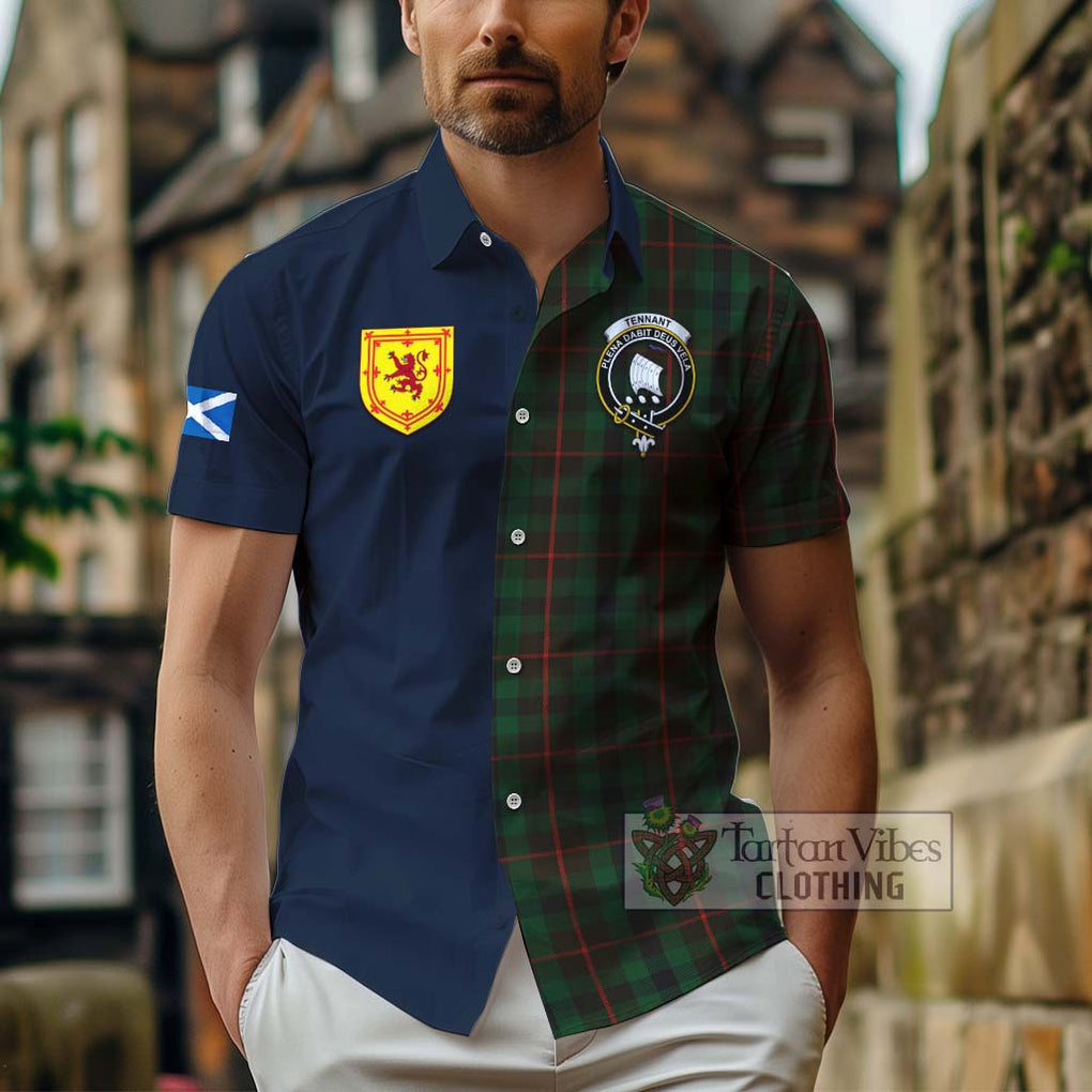 Tartan Vibes Clothing Tennant Tartan Short Sleeve Button Shirt with Scottish Lion Royal Arm Half Style