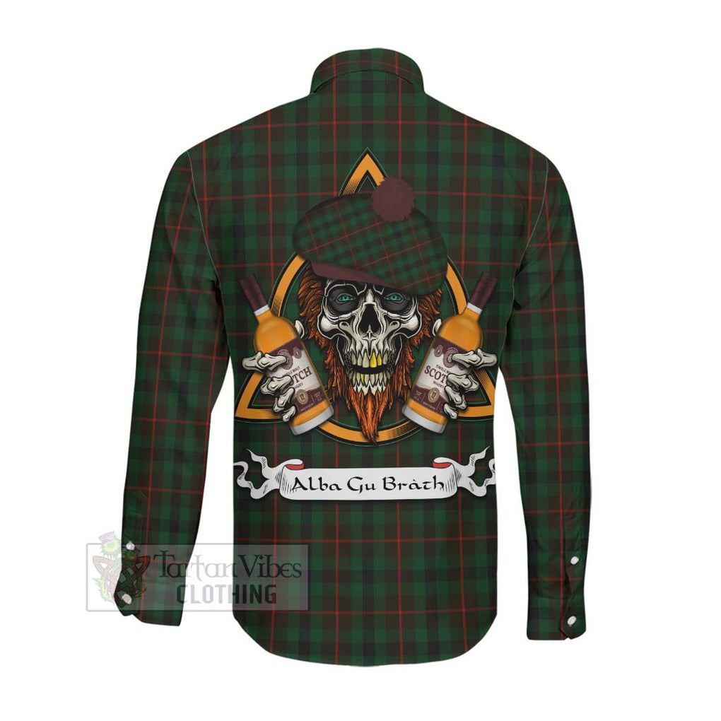 Tartan Vibes Clothing Tennant Tartan Long Sleeve Button Shirt with Family Crest and Bearded Skull Holding Bottles of Whiskey