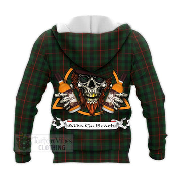 Tennant Tartan Knitted Hoodie with Family Crest and Bearded Skull Holding Bottles of Whiskey