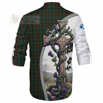 Tennant Tartan Ghillie Kilt Shirt with Family Crest and St. Andrew's Cross Accented by Thistle Vines