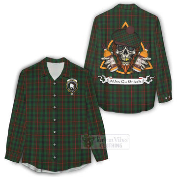 Tennant Tartan Women's Casual Shirt with Family Crest and Bearded Skull Holding Bottles of Whiskey