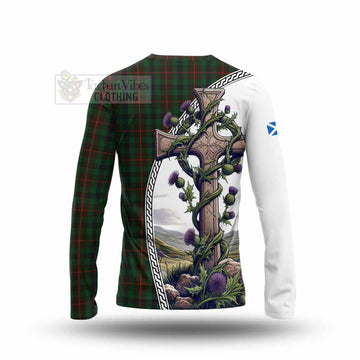 Tennant Tartan Long Sleeve T-Shirt with Family Crest and St. Andrew's Cross Accented by Thistle Vines