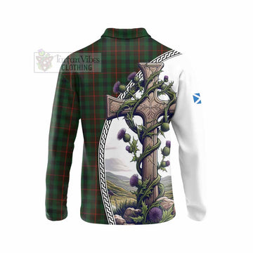 Tennant Tartan Long Sleeve Polo Shirt with Family Crest and St. Andrew's Cross Accented by Thistle Vines