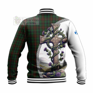 Tennant Tartan Baseball Jacket with Family Crest and St. Andrew's Cross Accented by Thistle Vines