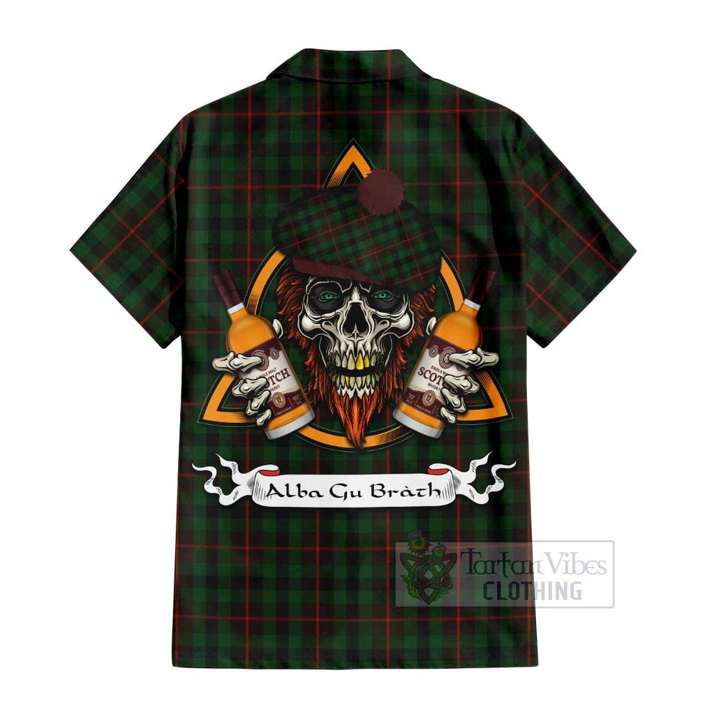 Tartan Vibes Clothing Tennant Tartan Short Sleeve Button Shirt with Family Crest and Bearded Skull Holding Bottles of Whiskey