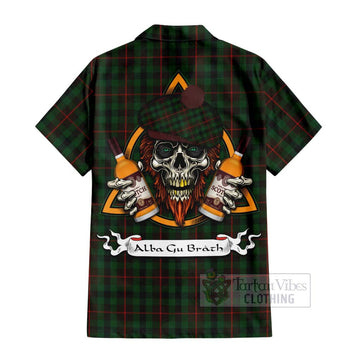 Tennant Tartan Short Sleeve Button Shirt with Family Crest and Bearded Skull Holding Bottles of Whiskey