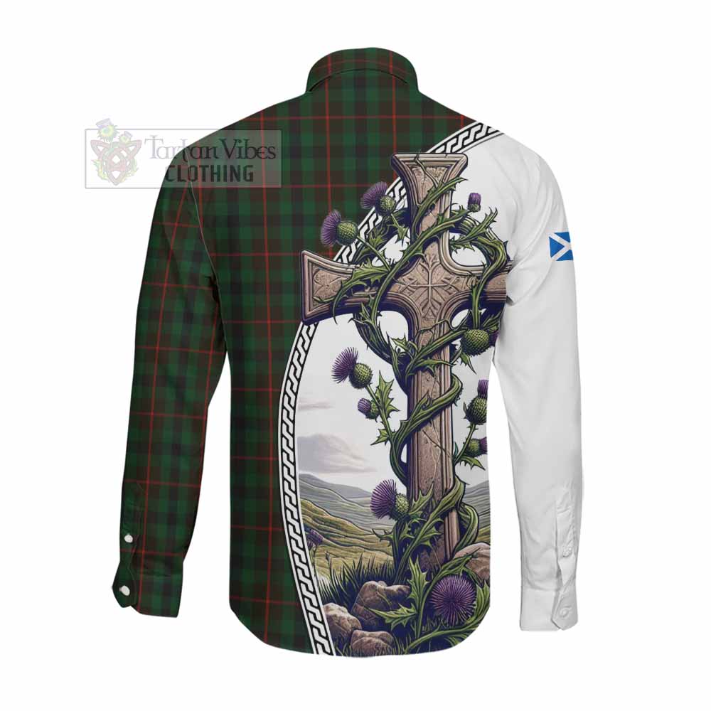 Tartan Vibes Clothing Tennant Tartan Long Sleeve Button Shirt with Family Crest and St. Andrew's Cross Accented by Thistle Vines