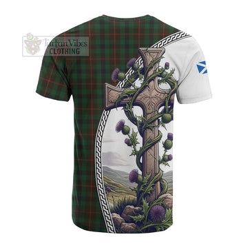 Tennant Tartan Cotton T-shirt with Family Crest and St. Andrew's Cross Accented by Thistle Vines