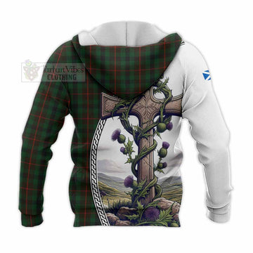 Tennant Tartan Knitted Hoodie with Family Crest and St. Andrew's Cross Accented by Thistle Vines