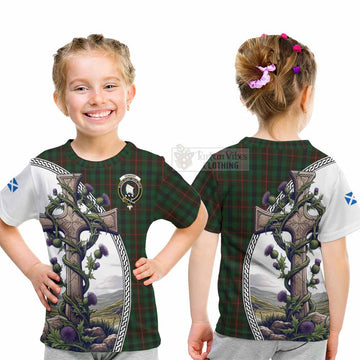 Tennant Tartan Kid T-Shirt with Family Crest and St. Andrew's Cross Accented by Thistle Vines