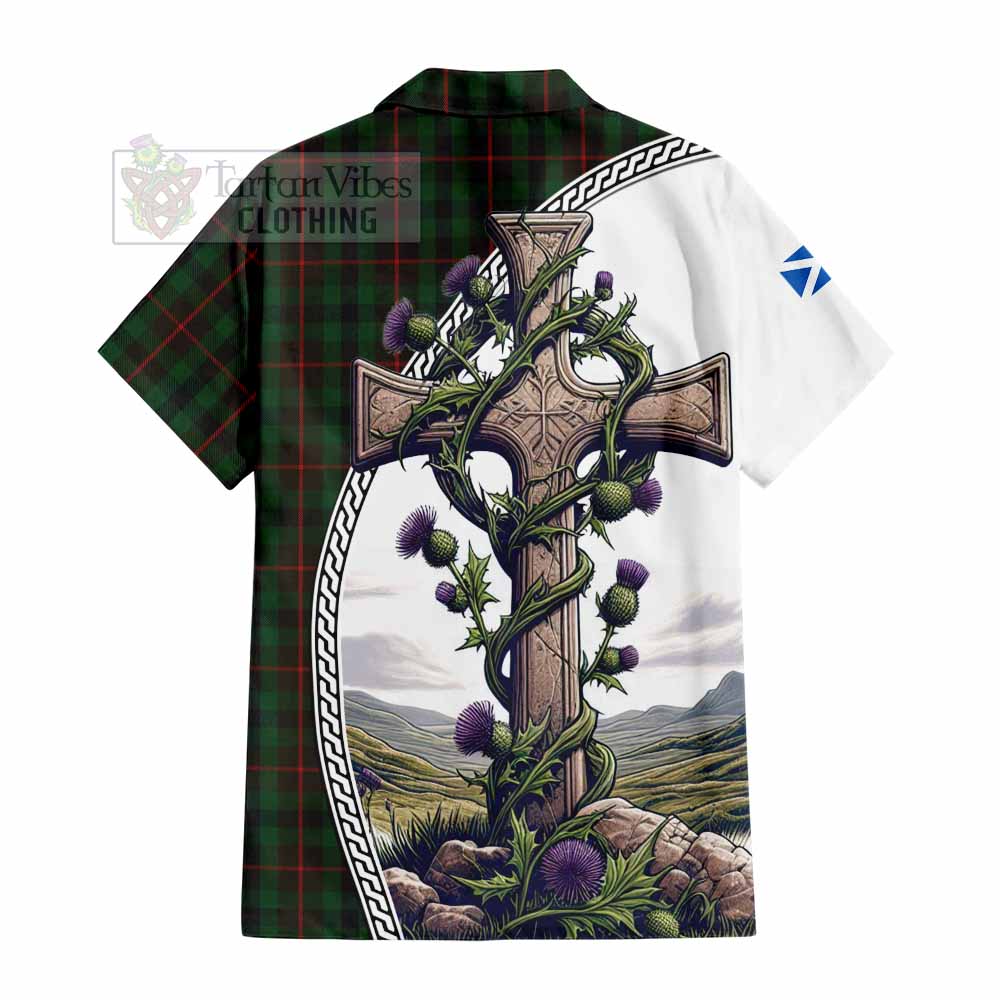 Tartan Vibes Clothing Tennant Tartan Short Sleeve Button Shirt with Family Crest and St. Andrew's Cross Accented by Thistle Vines