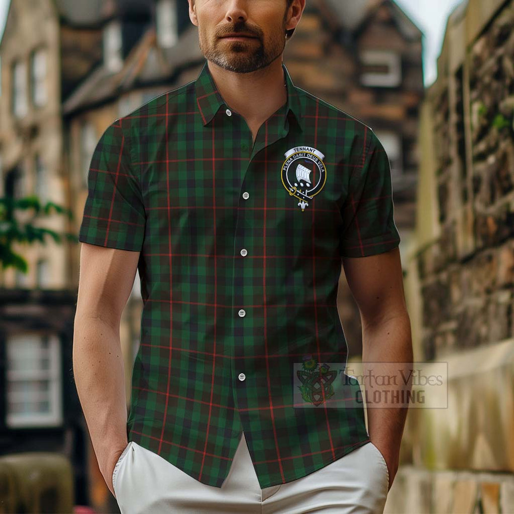 Tartan Vibes Clothing Tennant Tartan Short Sleeve Button Shirt with Family Crest Celtic Skull Style