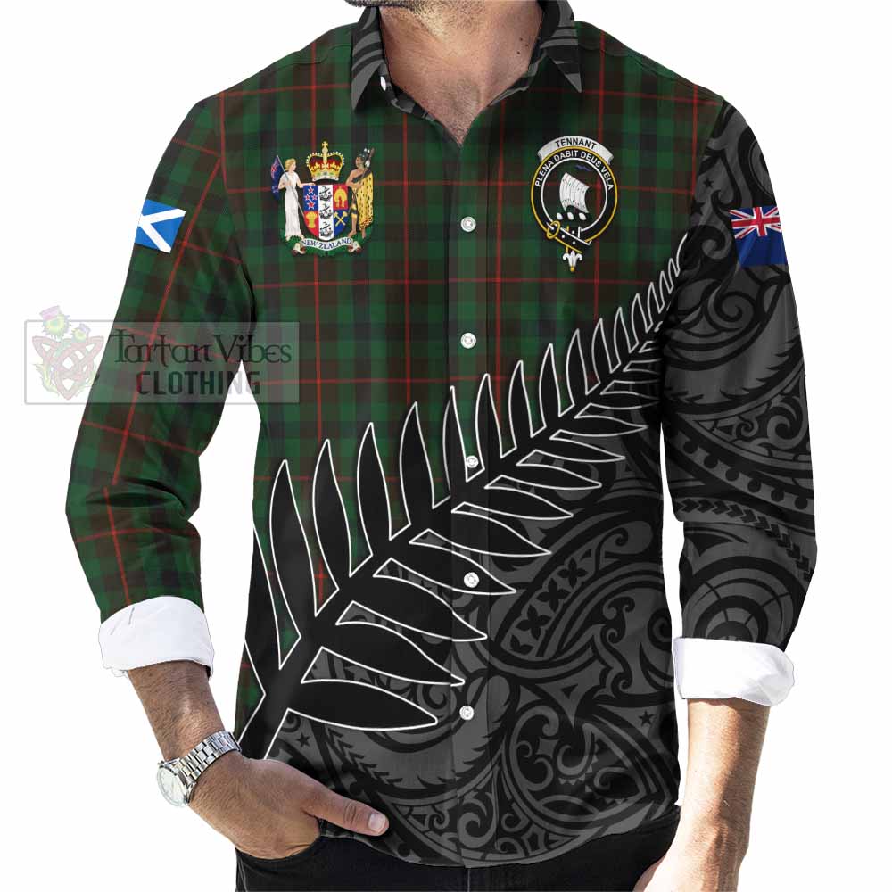 Tartan Vibes Clothing Tennant Crest Tartan Long Sleeve Button Shirt with New Zealand Silver Fern Half Style