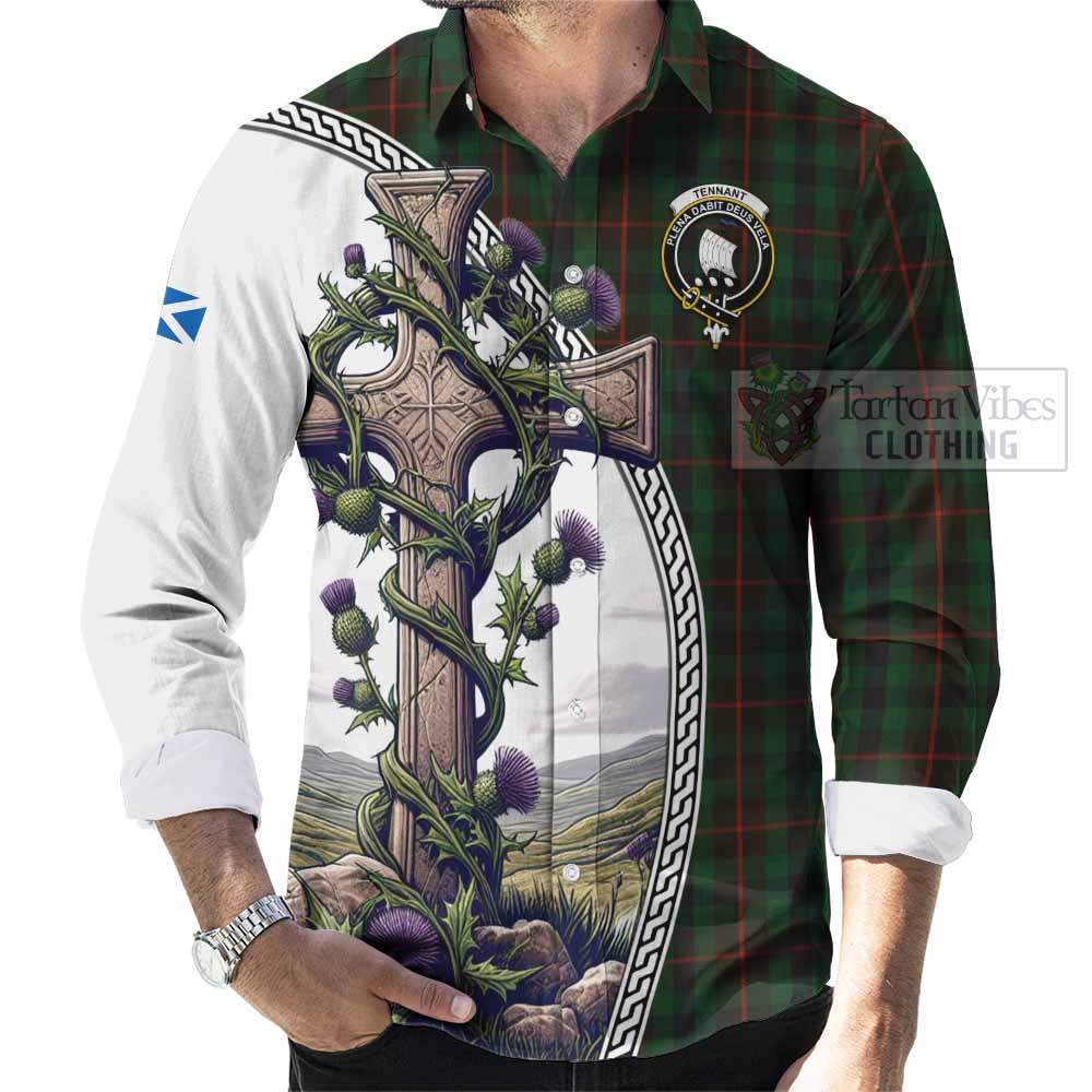 Tartan Vibes Clothing Tennant Tartan Long Sleeve Button Shirt with Family Crest and St. Andrew's Cross Accented by Thistle Vines