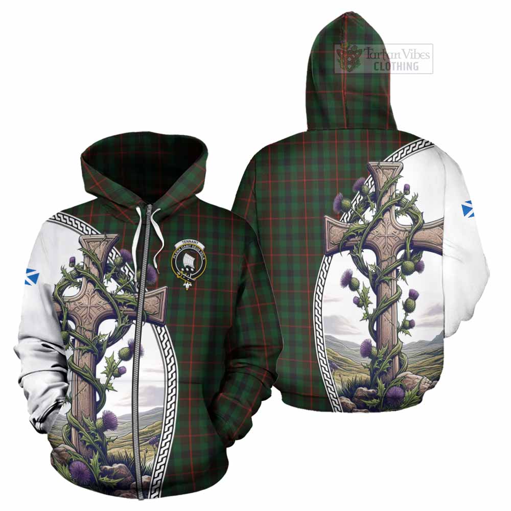 Tartan Vibes Clothing Tennant Tartan Hoodie with Family Crest and St. Andrew's Cross Accented by Thistle Vines