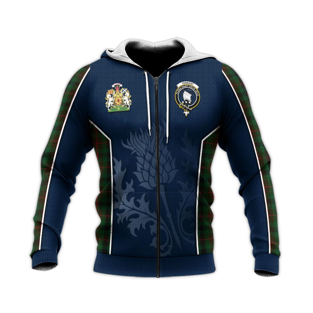 Tartan Vibes Clothing Tennant Tartan Knitted Hoodie with Family Crest and Scottish Thistle Vibes Sport Style