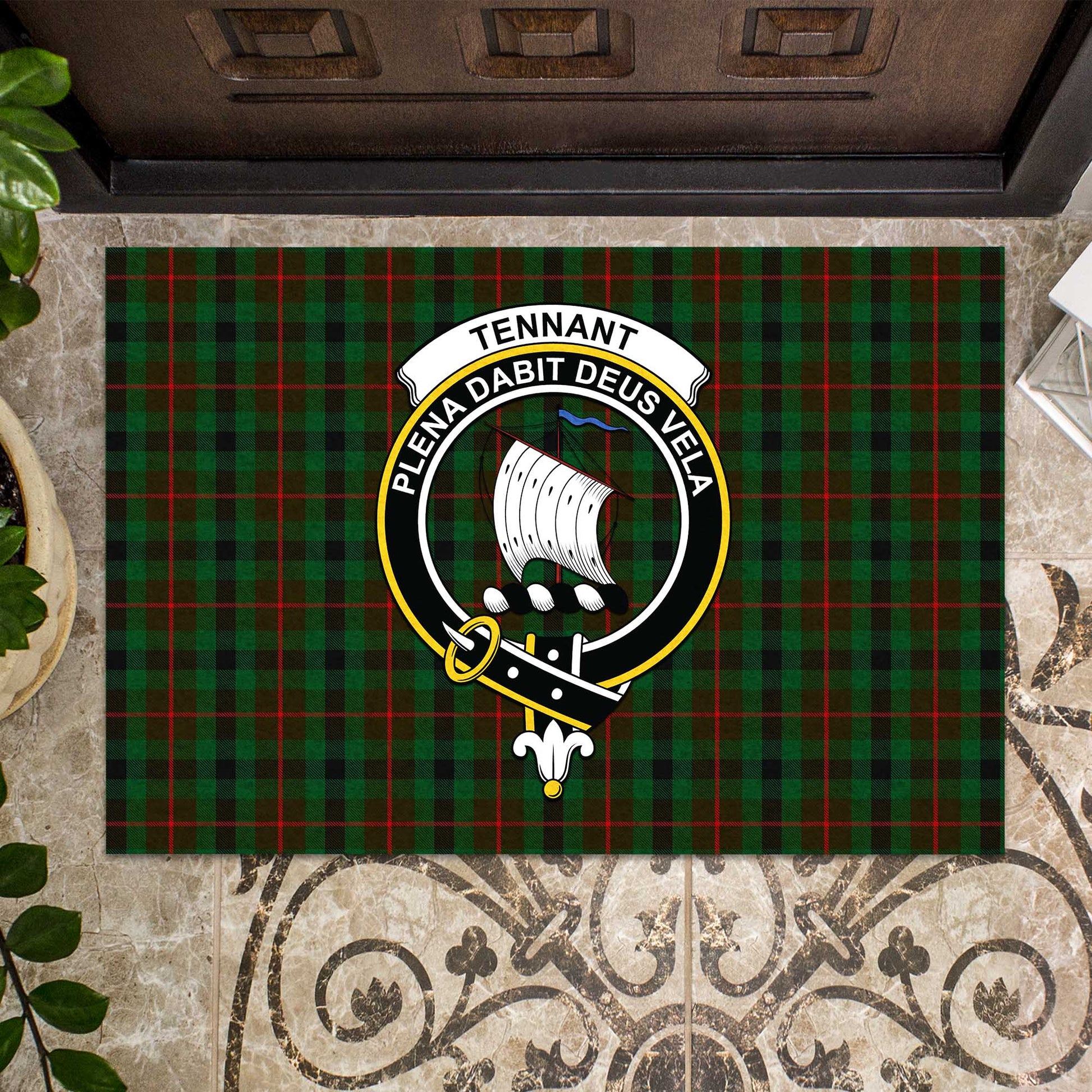 Tennant Tartan Door Mat with Family Crest - Tartanvibesclothing Shop