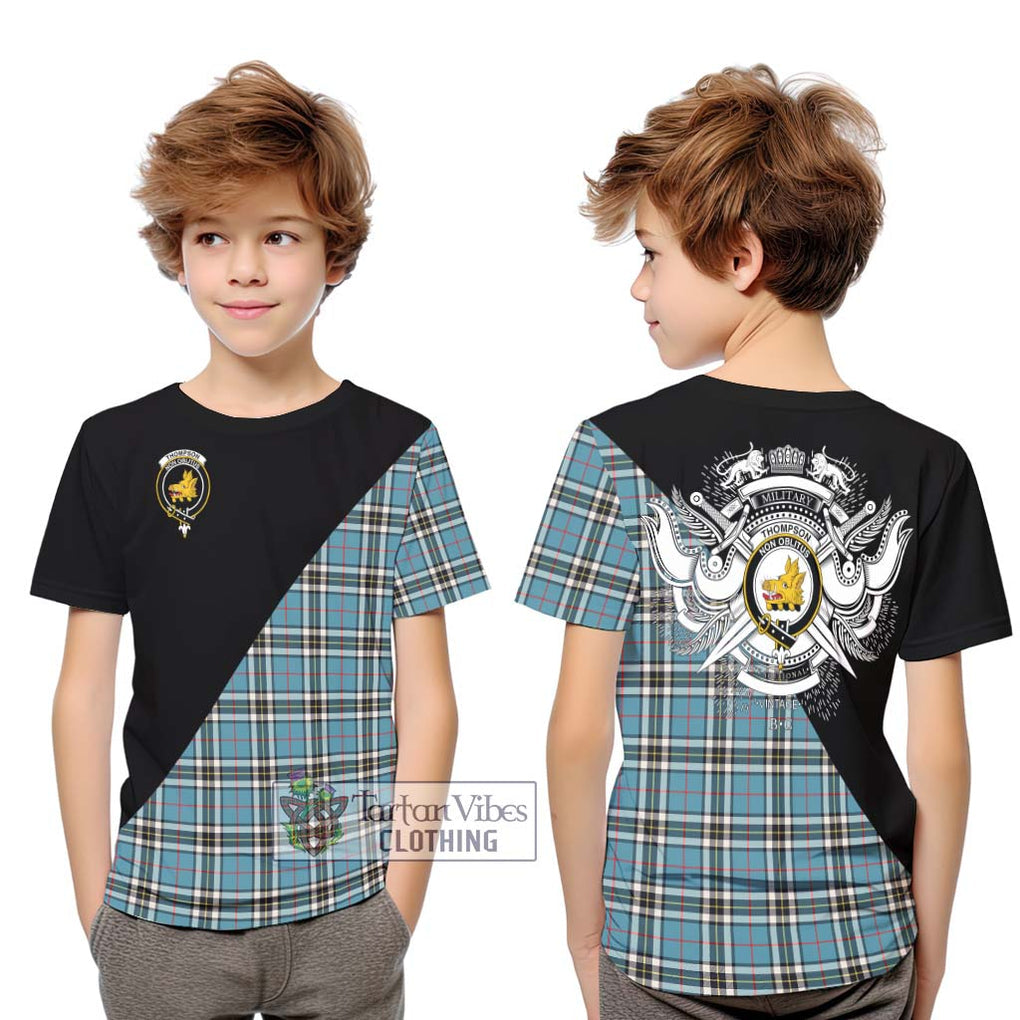 Thompson Tartan Kid T-Shirt with Family Crest and Military Logo Style Youth XL Size14 - Tartan Vibes Clothing