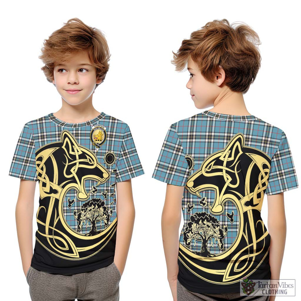 Thompson Tartan Kid T-Shirt with Family Crest Celtic Wolf Style Youth XL Size14 - Tartan Vibes Clothing