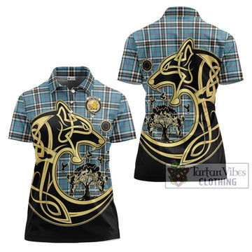 Thompson Tartan Women's Polo Shirt with Family Crest Celtic Wolf Style Women - Tartan Vibes Clothing