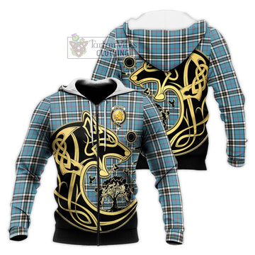 Thompson Tartan Knitted Hoodie with Family Crest Celtic Wolf Style