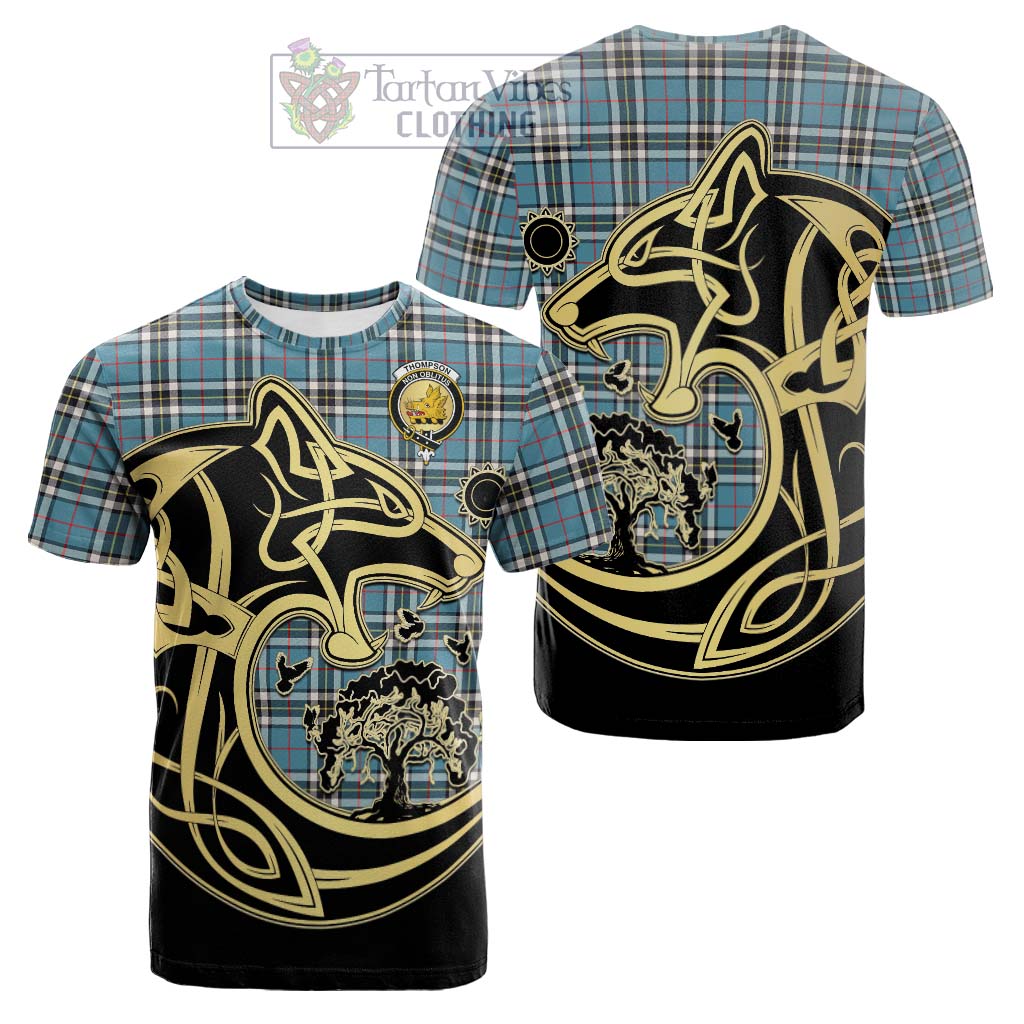 Tartan Vibes Clothing Thompson Tartan Cotton T-shirt with Family Crest Celtic Wolf Style