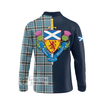 Thompson Tartan Long Sleeve Polo Shirt Alba with Scottish Lion Royal Arm Half Style - Tartan Vibes Clothing