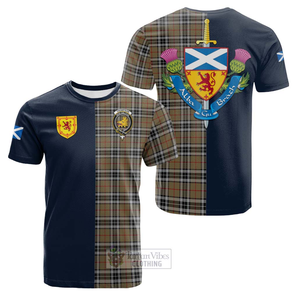 Tartan Vibes Clothing Thompson Camel Tartan Cotton T-shirt with Scottish Lion Royal Arm Half Style