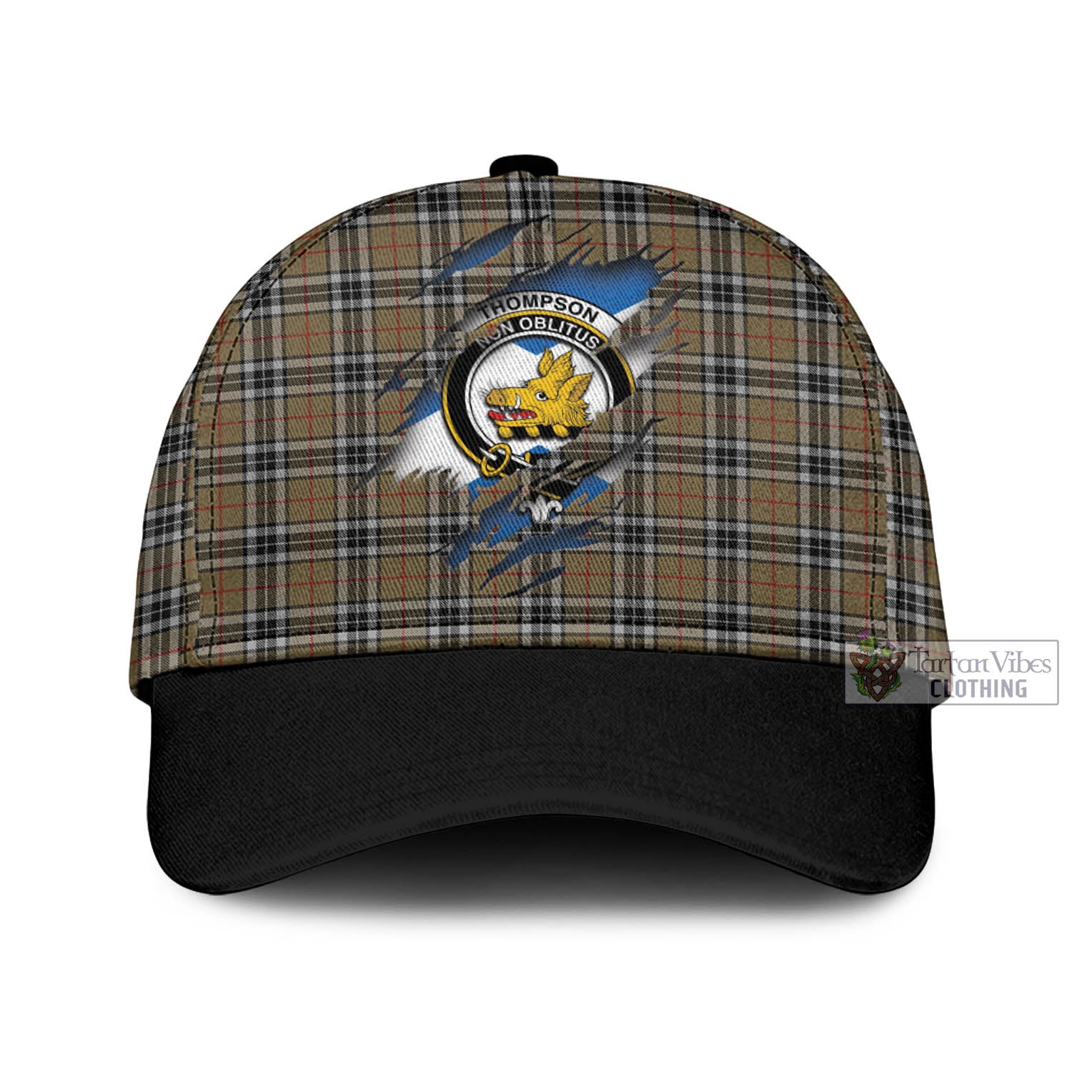 Tartan Vibes Clothing Thompson Camel Tartan Classic Cap with Family Crest In Me Style