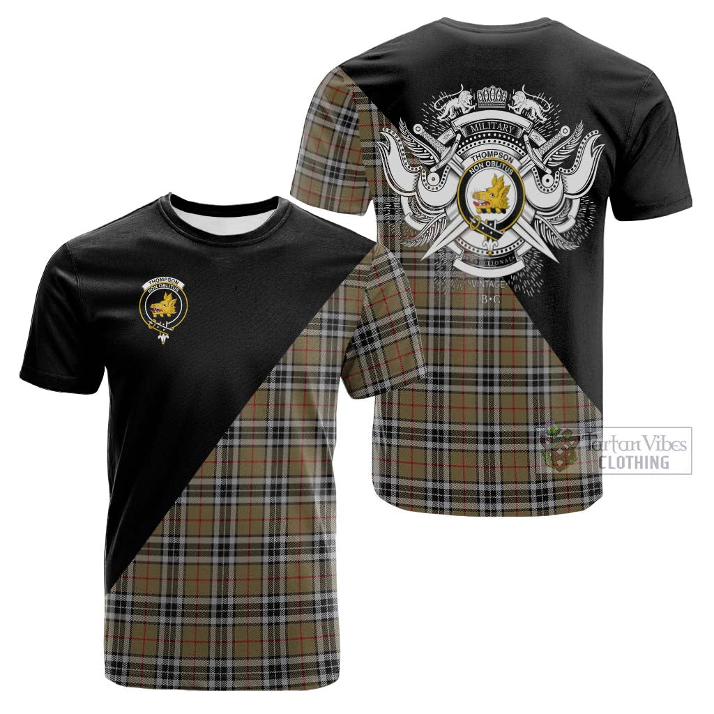 Tartan Vibes Clothing Thompson Camel Tartan Cotton T-shirt with Family Crest and Military Logo Style