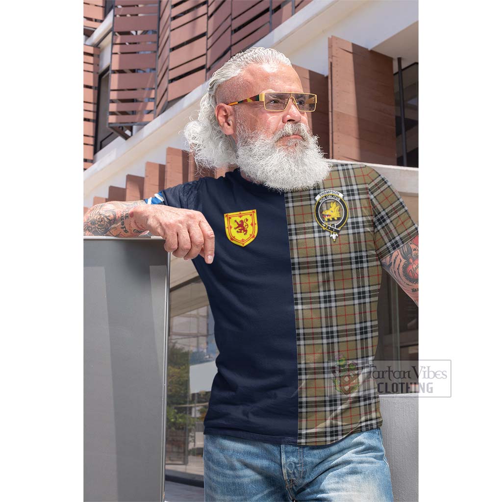 Tartan Vibes Clothing Thompson Camel Tartan Cotton T-shirt with Scottish Lion Royal Arm Half Style