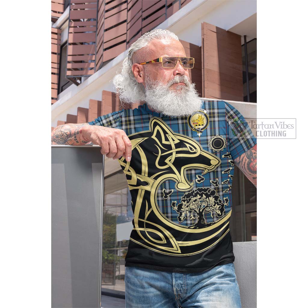 Tartan Vibes Clothing Thompson Dress Blue Tartan Cotton T-shirt with Family Crest Celtic Wolf Style