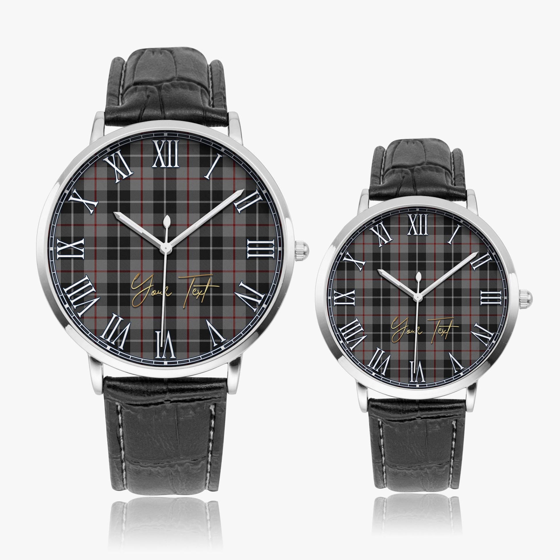 Thompson Grey Tartan Personalized Your Text Leather Trap Quartz Watch Ultra Thin Silver Case With Black Leather Strap - Tartanvibesclothing Shop