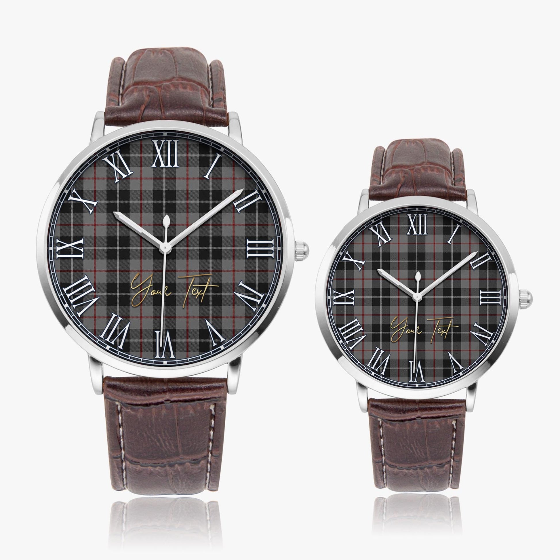 Thompson Grey Tartan Personalized Your Text Leather Trap Quartz Watch Ultra Thin Silver Case With Brown Leather Strap - Tartanvibesclothing Shop