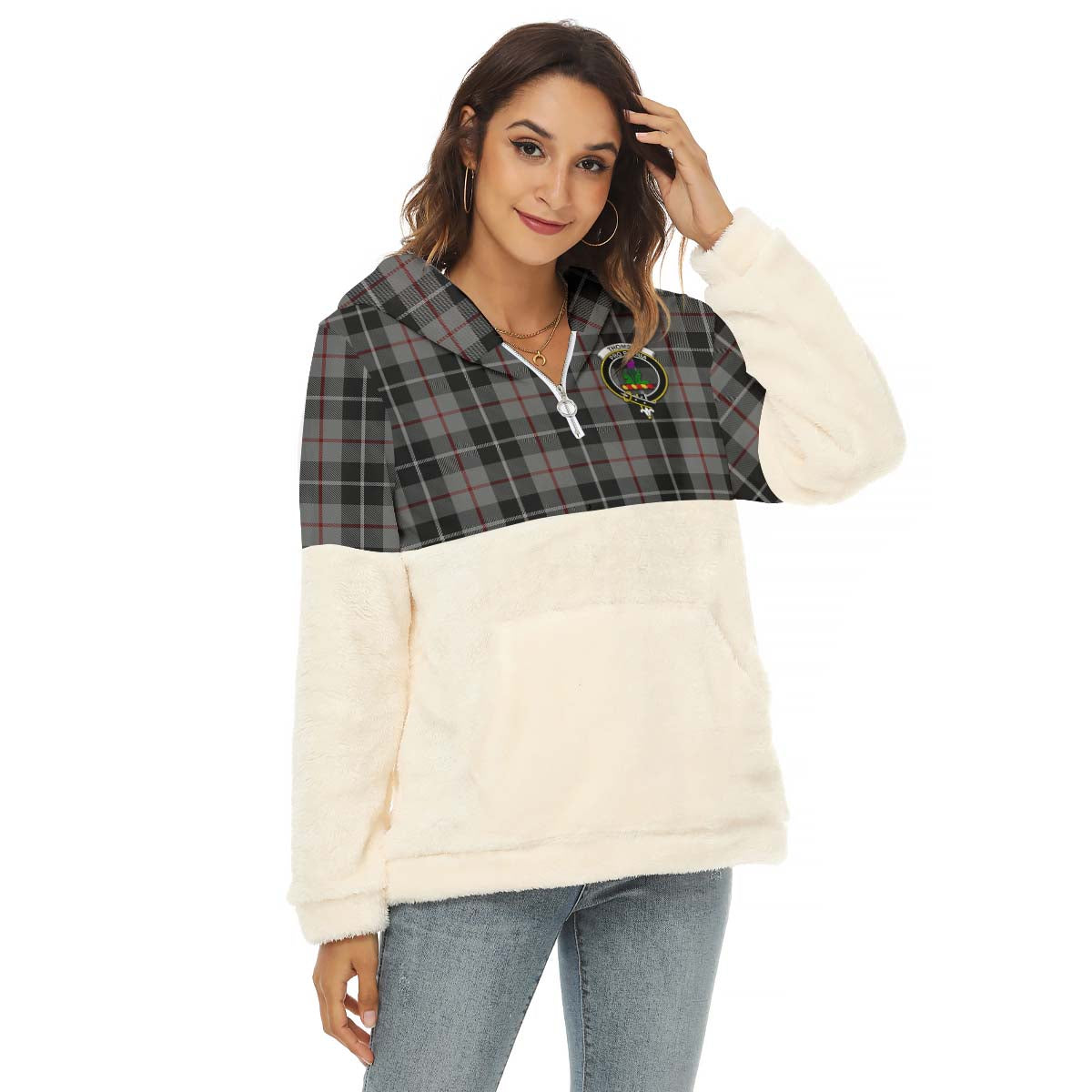 Thompson Grey Tartan Women's Borg Fleece Hoodie With Half Zip with Family Crest Female - Tartan Vibes Clothing