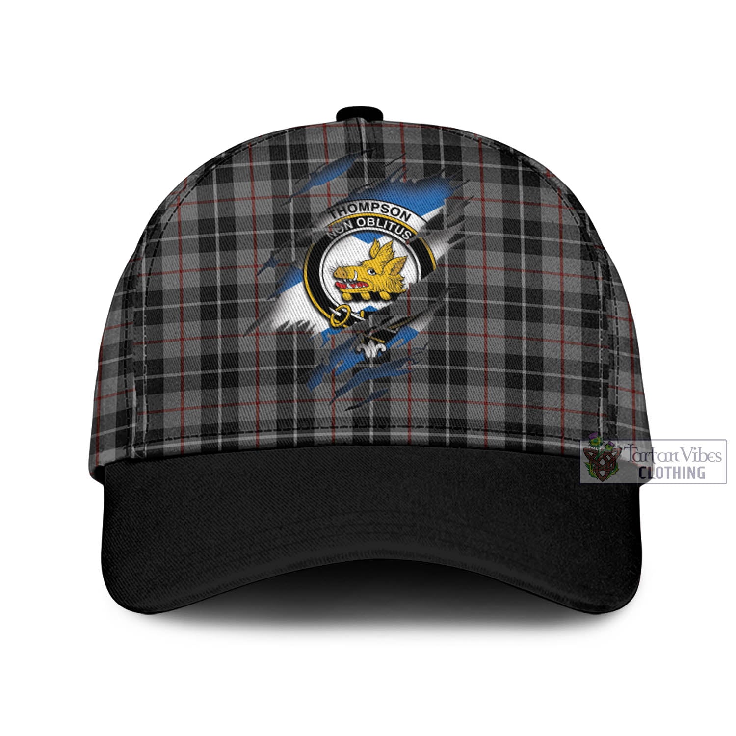 Tartan Vibes Clothing Thompson Grey Tartan Classic Cap with Family Crest In Me Style