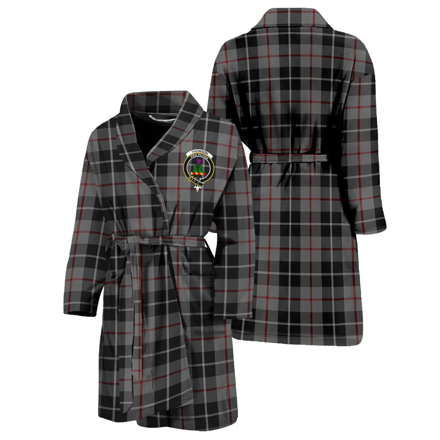 Thompson Grey Tartan Bathrobe with Family Crest Unisex S - Tartan Vibes Clothing